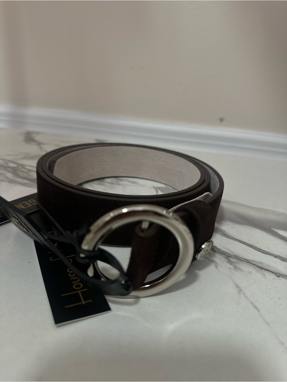House of Harlow Suede Leather Belt Brown O Ring Silver Buckle Size L NWT - Picture 2 of 5